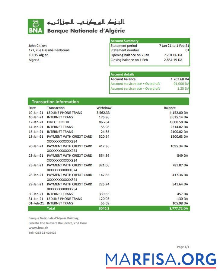 Blank Algeria Banque nationale d’Algérie (BNA) bank statement excel real example